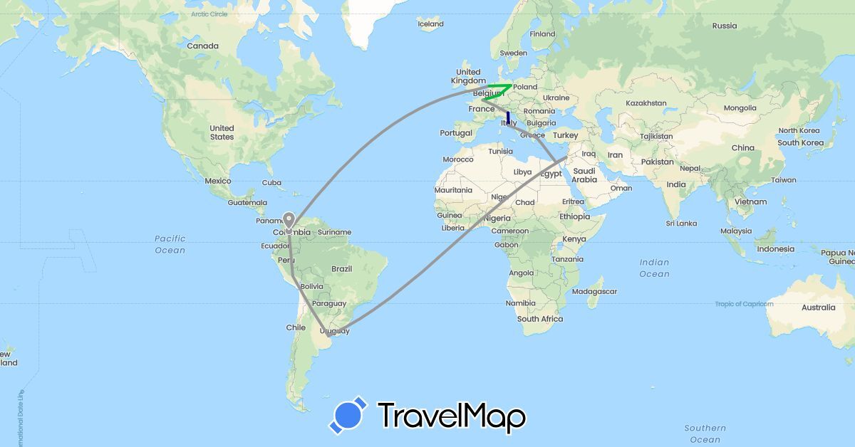 TravelMap itinerary: driving, bus, plane in Argentina, Colombia, Germany, Egypt, France, United Kingdom, Greece, Israel, Italy, Netherlands, Peru (Africa, Asia, Europe, South America)